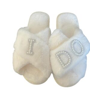 White Faux Fur 'I DO' Slide Slippers with Pearl Accent